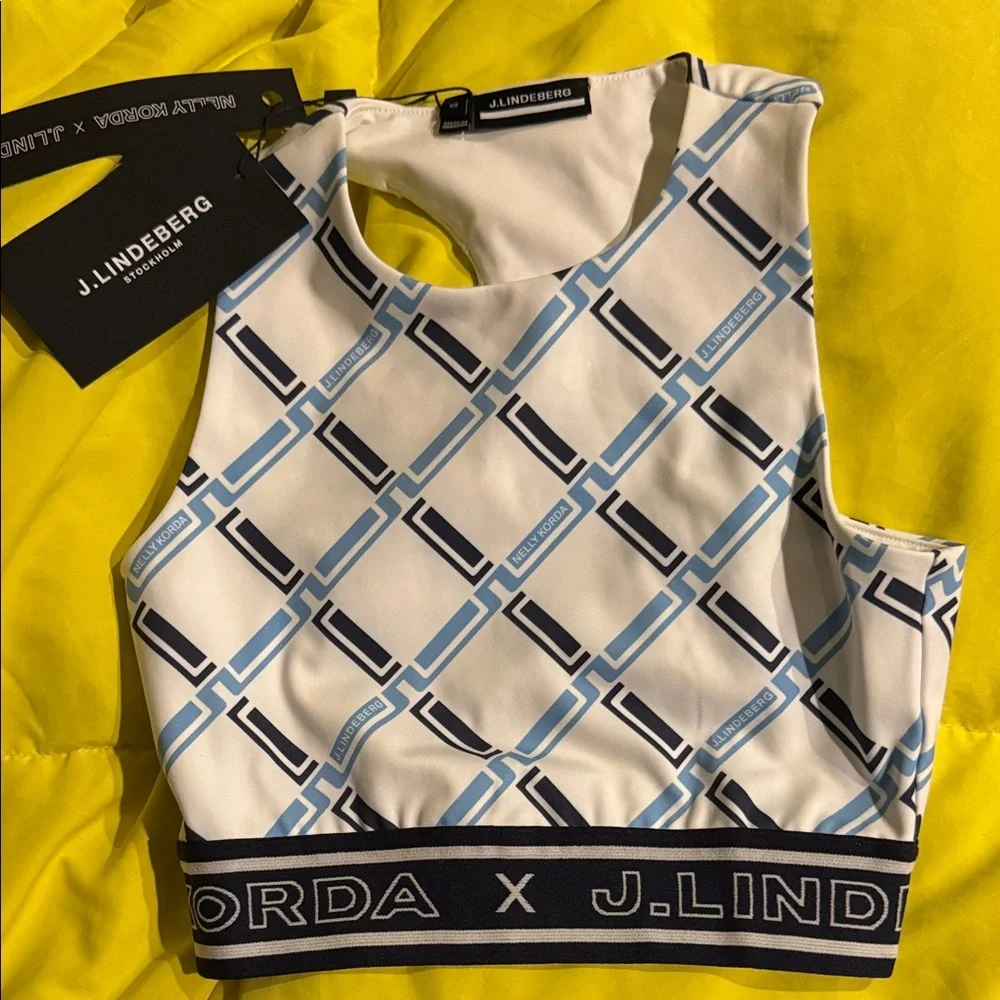 J.Lindeberg Geometric Blue and White Crop Top - Picture 1 of 2
